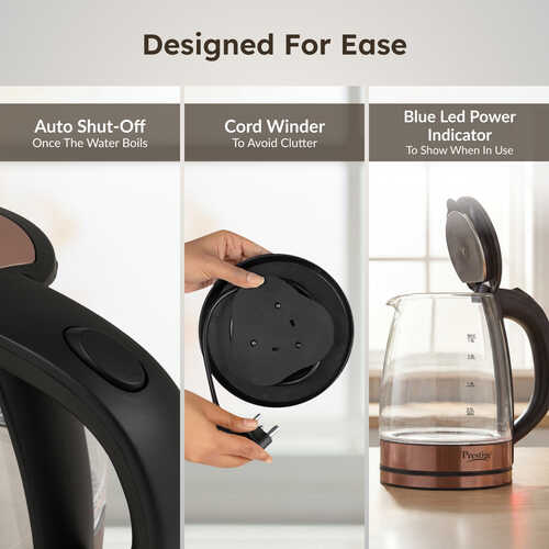 Prestige PKGB 1.8 Litre Electric Glass Kettle| LED Power Indicator| Borosilicate Glass| Automatic Power Cut-Off| Concealed Element| 360 Degree Swivel| Cool Touch Handle
