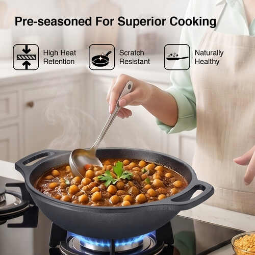 Prestige Cast Iron Kadai 24cm/2L | Ferrocast Flo | Non-Stick | Chemical Free | Preseasoned | Sturdy Handle | Healthy Eating | Gas & Induction Compatible | Lifetime Warranty