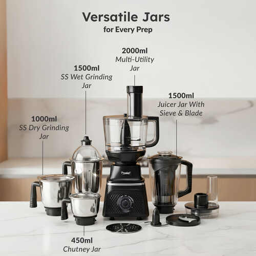 Prestige Prisma Pro 750W 5 Jars Mixer Grinder|Stainless Steel Jars 3U, Multi Utility Jar 1 U, & Juice Jar 1 U|6 Super-Efficient Blades|Black & Silver