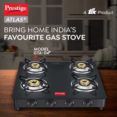 Prestige Atlas Plus LP Gas Stove 1 U GTA-4 (With Powder Coated Body, Glass Top & 4 Unit Brass Burners) & L. P. Gas Hose 1 Unit & Gas Lighter PGL 03 1 Unit & Knife 1 Unit