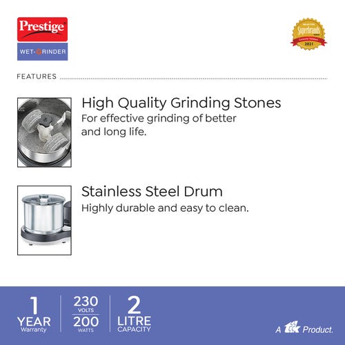 Prestige PWG 08 Wet Grinder with Stainless Steel Drum 200 W, 2 L (Black, Silver)