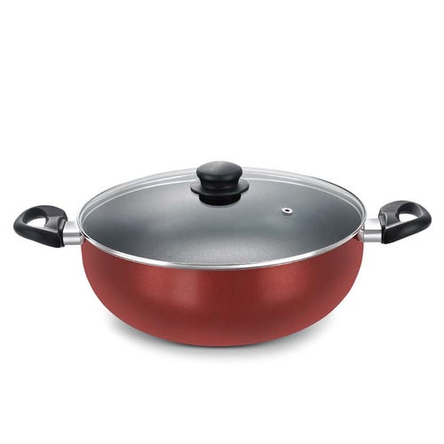 Prestige Omega Deluxe Aluminium Non-Stick Round Base Deep Kadai with Glass Lid (Red)