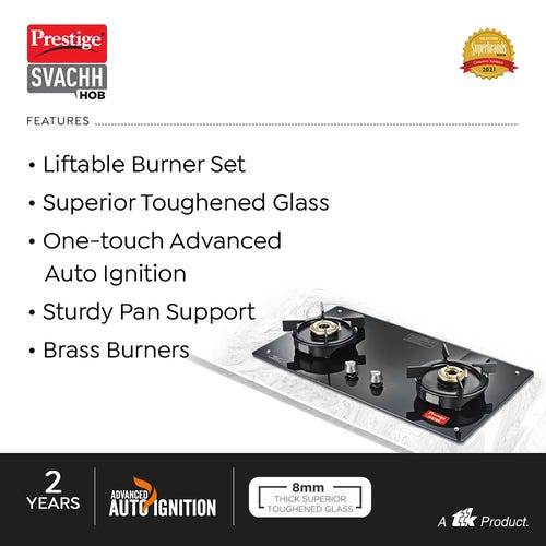 PRESTIGE SVACHH HOB ( PSVH-OZ AI ) (WITH TOUGHENED GLASS TOP MULTI SPARK IGNITION SYSTEM & 2 BRASS BURNERS)