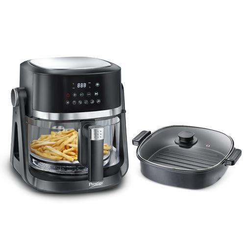 Prestige AirFlip 4.5L Air Fryer | Dual Mode - Air Frying & Grilling | 360° View Glass Basket | 80% less Oil Consumption | 5 Preset Menu | 1500 Watts |  Easy to Clean |  1Y Warranty | ISI Certified