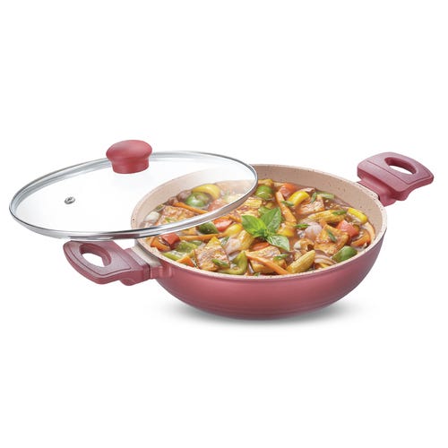 Prestige Omega Die-Cast Non-Stick Kadai with Glass Lid | 3-Layer Coating | Die-Cast Body | Metal Spoon Friendly | Heavy Base