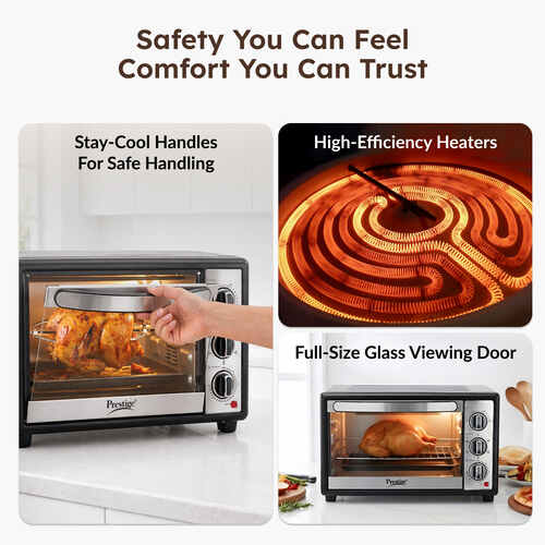 Prestige POTG 28AC 28 Litres OTG | 1500 Watts | Air Fry | Rotisserie | | 2 High Efficiency Heaters | Temperature Control with Timer | 5 Function Control | Crumb Tray |  2Y Warranty