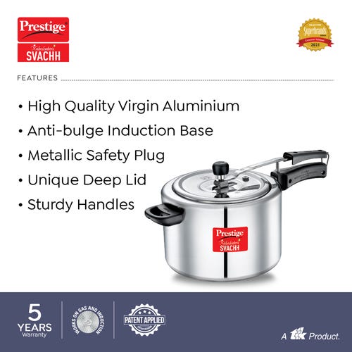 Prestige Nakshatra Plus Svachh Aluminium Inner Lid Pressure Cooker with Unique Deep Lid for Spillage Control, Silver