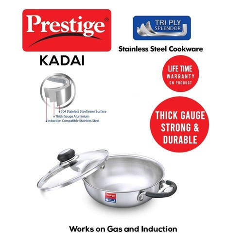 Prestige 26cm/3.25L Tri-Ply Stainless Steel Splendor Kadai with Lid| Gas & Induction Compatible| Even Heat Distribution| Strong and Durable| Perma-Cool Handles| Lifetime Warranty