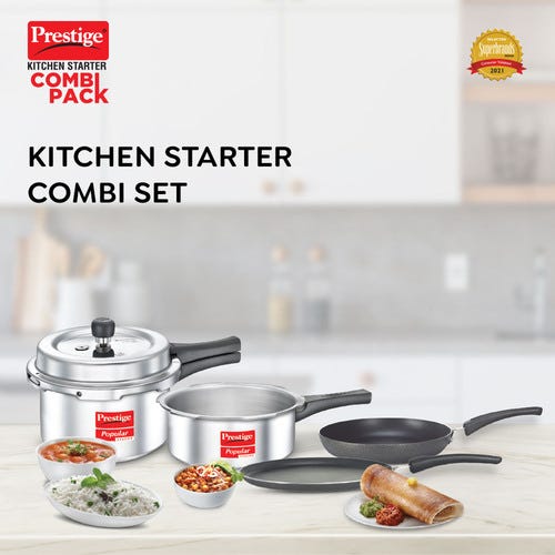 Prestige Kitchen Starter Pack (Popular Svachh 3 Ltr + 2 Ltr Body without Lid + Fry Pan 18Cm + Tawa 25Cm)