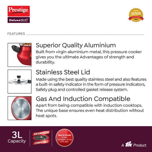 Prestige Deluxe Duo Plus Aluminium Gas and Induction Compatible Pressure Cooker with Glass Lid, (Red)