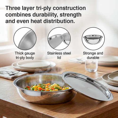 Prestige 26cm/3.2L Tri-Ply Stainless Steel Splendid Tasla with Lid|Gas and Induction Compatible|Even Heat Distribution| Thick Gauge Tri-Ply Body|15 Year Warranty