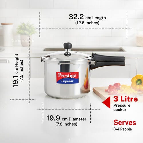 Prestige 3 Litre Stainless Steel Popular Outer Lid Pressure Cooker | TRIPLY Base | Gas & Induction Compatible | Gasket Release System | Metallic Safety Plug | 5Y Warranty | ISI Certified