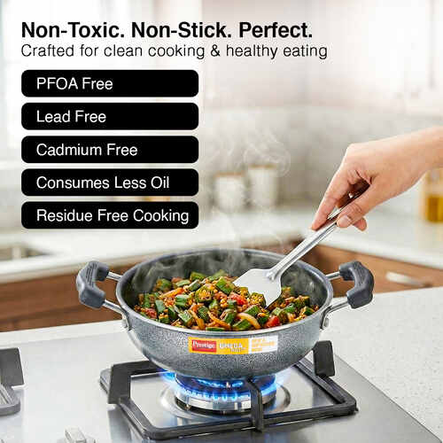 Prestige Omega Select Plus Aluminium Flat Base Non-Stick Coating Kadai with SS Lid, 20cm (Black)