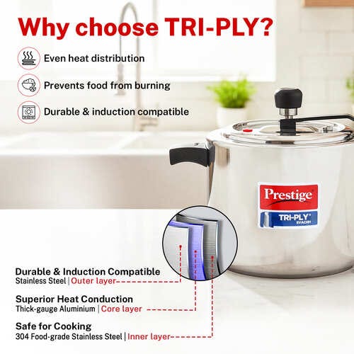 Prestige 5 L Tri-Ply Svachh Inner Lid Pressure Cooker| Gas and Induction Compatible| Spillage Control| Even Heat Distribution| Low Cooking Oil| Faster Cooking| 5 Years Warranty| Silver