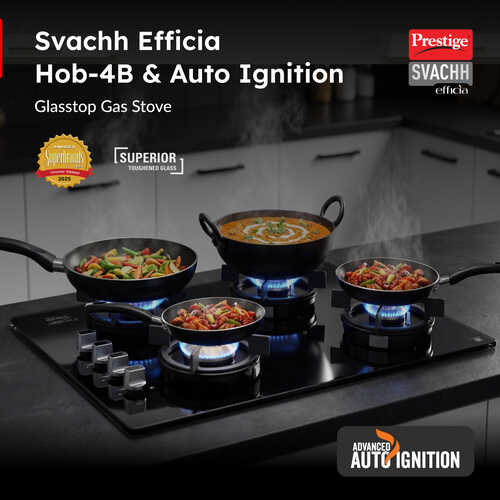 Prestige Svachh Efficia HOB 04 AI (with Toughened Glass Top Multi Spark Ignition System & 4 Brass Burners)