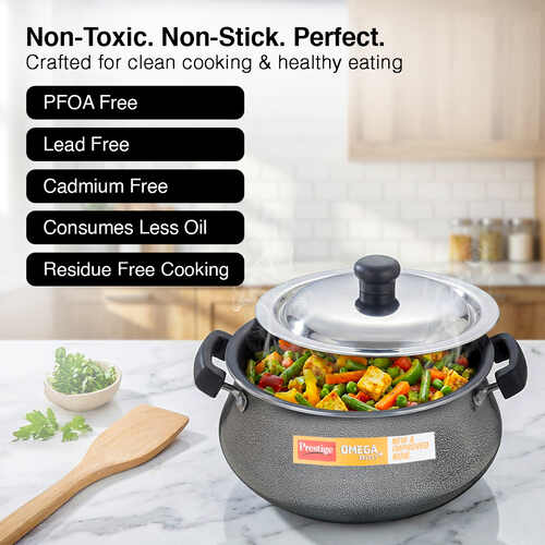 Prestige Omega Select Plus Teflon Non-stick Coated Junior Handi with Stainless Steel Lid and Scrubber for Non-Stick Cookware, 20cm (Black)