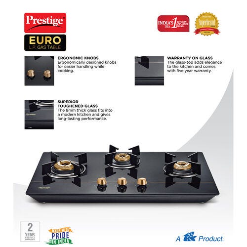 Prestige Euro L.P. Glass Top Gas Stove (3 Burners)