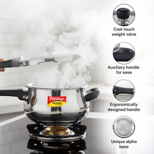 Prestige Deluxe Alpha Svachh Stainless Steel Spillage Control Junior Handi Pressure Cooker, 4 L (Silver)