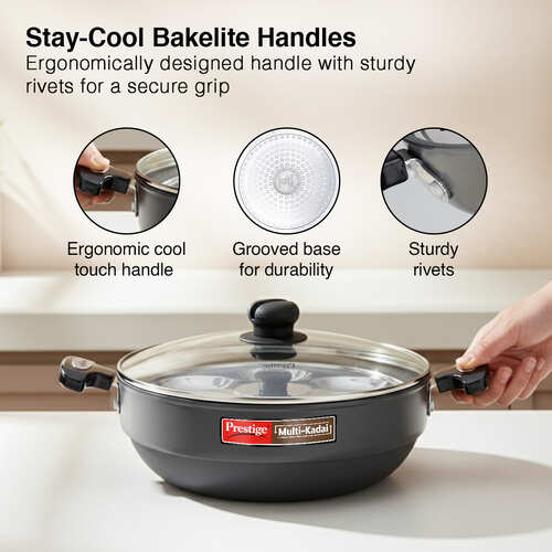 Prestige Hard Anodised Induction Base Multi-Kadai with Glass Lid (Dhokla Plate, Patra Plate, Idli Plates), 28cm (Black)