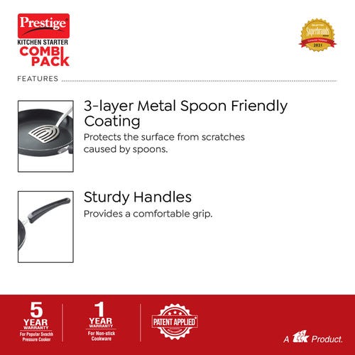 Prestige Kitchen Starter Pack (Popular Svachh 3 Ltr + 2 Ltr Body without Lid + Fry Pan 18Cm + Tawa 25Cm)