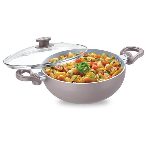 Prestige Ceraglide Duo Ceramic Coating Non Stick Aluminium Cookware Deep Kadai with Glass Lid