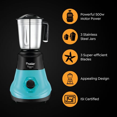 Prestige 500 Watts Superb Plus Mixer Grinder with 3 Stainless Steel Jars|Sturdy Handles| Flow Breaker| Blue and Black
