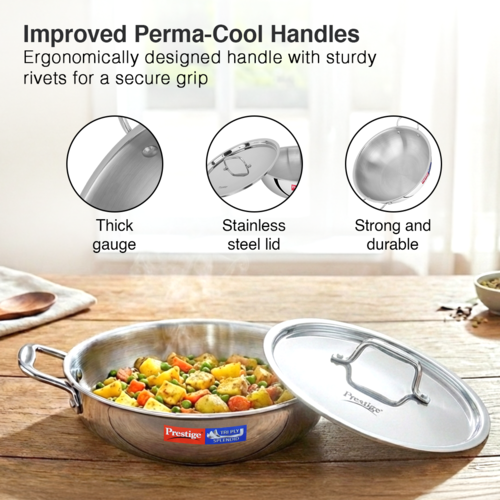 Prestige 26cm/3.2L Tri-Ply Stainless Steel Splendid Kadai with Lid|Gas and Induction Compatible|Even Heat Distribution| Thick Gauge Tri-Ply Body| Perma Cool Handles|15 Year Warranty