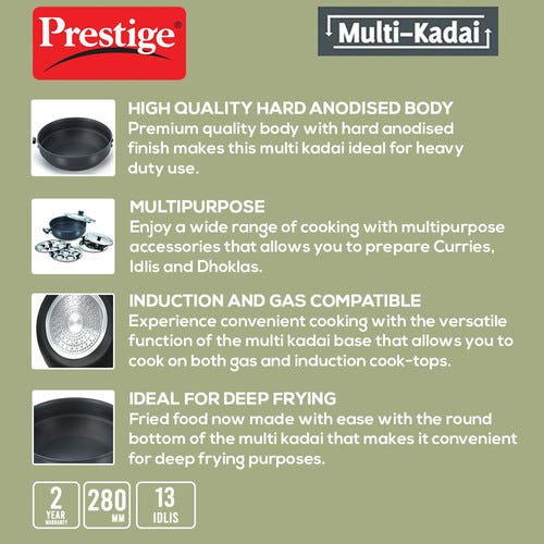 Prestige Hard Anodised Induction Base Multi-Kadai with Glass Lid (Dhokla Plate, Patra Plate, Idli Plates), (Black)