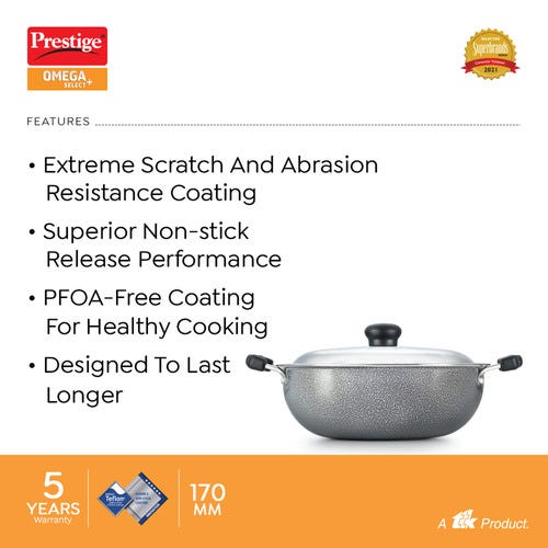 Prestige Omega Select Plus Superior Non-stick Coating Round Base Kadai with Lid (Black)