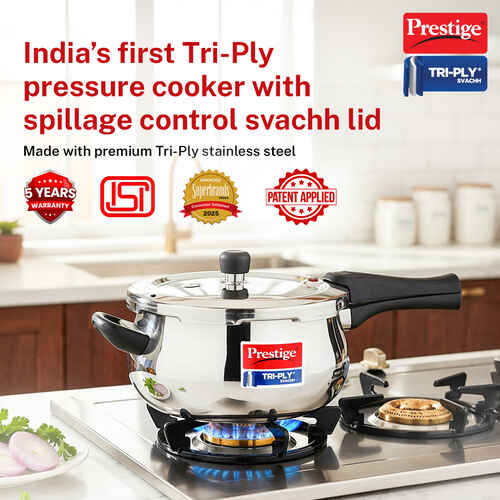 Prestige 5 Litre TRIPLY Svachh Outer Lid Pressure Cooker | Handi | Deep Lid for Spillage Control | Gas & Induction Compatible | Gasket Release System | Visual Pressure Indicator | 5Y Warranty | ISI