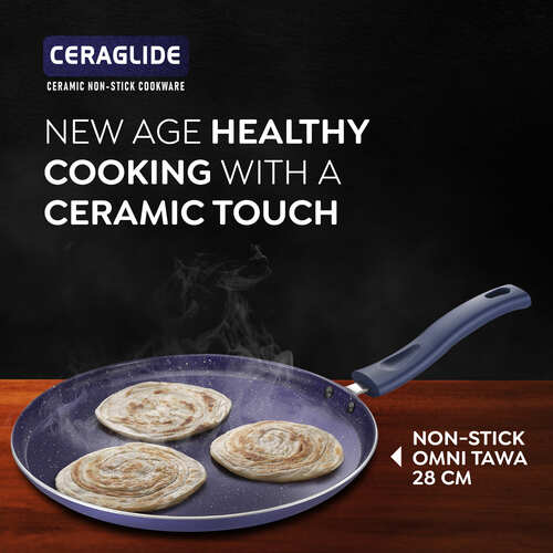 Prestige Ceraglide Ceramic Coated 28cm Non-Stick omni tawa | Consumes Less Oil | Preferred For High Heating & Even Heating | Stain-Resistant | Gas & Induction Compatible | No Harmful Chemicals