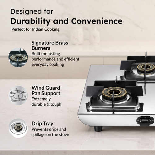 Prestige Valora Stainless Steel L.P. Gas Stove (With Stainless Steel Body and 4 Unit Brass Burners)