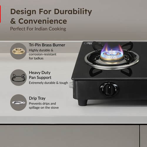 Prestige Iris Plus 3 Burner Auto Ignition Gas Stove | Toughened Glass Top | Tri-Pin Brass Burners | Ergonomic Knob | Black | 2Y Warranty | ISI Certified