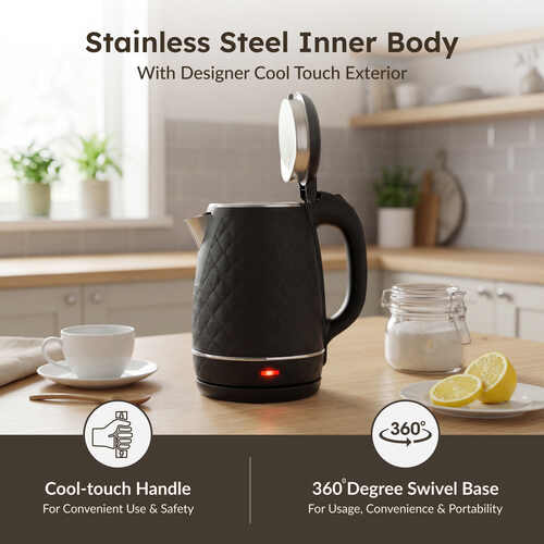 Prestige PKCT 1.5 Litre Electric Kettle with Designer Cool Touch Exterior| Stainless Steel Inner Body| Dry Heat Protection|Black