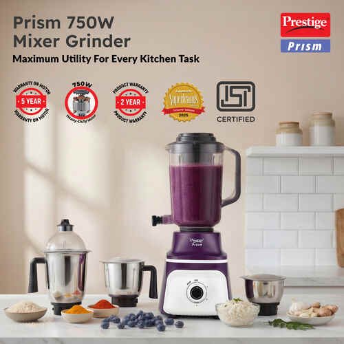 Prestige 750 Watts Prism Mixer Grinder with 4 Jars (3 Stainless Steel Jars + 1 Juicer Jar)| LED Power Indicator|Flow Breaker Design|Juicer Extractor Jar| Purple and White