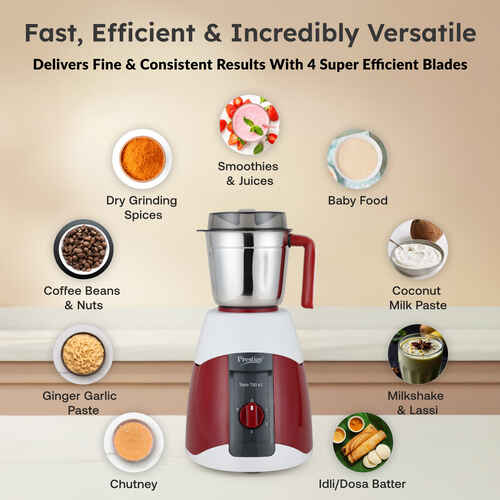 Prestige 750 Watts Stylo V2 Mixer Grinder with 3 Stainless Steel Jar| Ergonomic Design| See-Through Lids|Sturdy Handles| Durable Body| Red and White