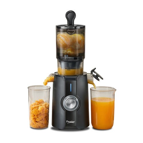Prestige Natura 200W Cold Press Slow Juicer | 105mm Wide Chute | Interlocking Safety  | Reverse Function | Juice and Pulp Collectors | Quiet Operation | Easy to Clean | Black | 2 Year Warranty