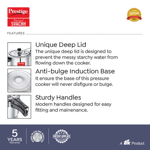 Prestige Nakshatra Plus Svachh Aluminium Inner Lid Pressure Cooker with Unique Deep Lid for Spillage Control, Silver