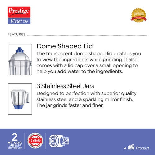 Prestige Vista Plus 750W Mixer Grinder with 3 Stainless Steel Jars(White & Blue, Superior Grade Plastic Body, Wet jar-1550ml, Dry Jar-1300ml, Chutney Jar-480ml)