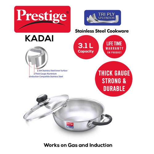 Prestige 24cm/2.7L Tri-Ply Stainless Steel Splendor Kadai with Lid| Gas & Induction Compatible| Even Heat Distribution| Strong and Durable| Perma-Cool Handles| Lifetime Warranty