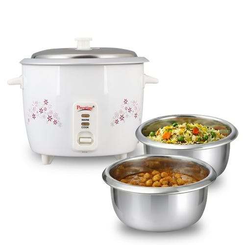 Prestige Delight PRWO-1.5-2 Double Pot Electric Rice Cooker(1.5L for Rice-Open Type, White, with Aluminium Cooking Pan-2 units 3.5 L pan Volume, 500 W)