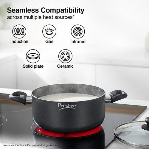 Prestige Omega Deluxe Granite Non-stick Round Base Sauce Pan with Glass Lid, 24cm, 4.25 L (Black)