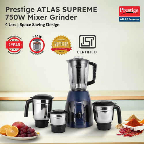 Prestige Atlas Supreme Mixer Grinder, With Accessories - Stainless Steel Jar - 3 Unit And Juicer Jar -1 Unit