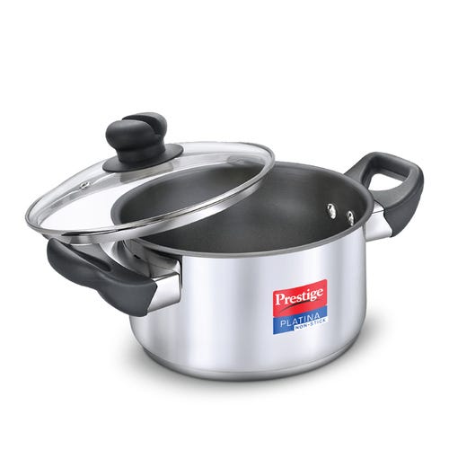 Prestige Platina Non-stick Stainless Steel Unique Impact Forged Bottom Casserole with Glass Lid (Silver)