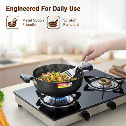Prestige Hard Anodised Plus Gas and Induction Compatible Kadai with Glass Lid, Black