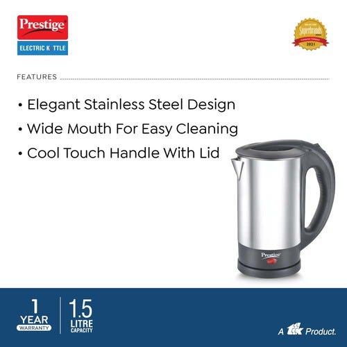 Prestige PKSS 1.5 Stainless Steel Electric Kettle 1.5 L, (Silver & Black)