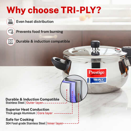 Prestige 5 Litre TRIPLY Svachh Outer Lid Pressure Cooker | Handi | Deep Lid for Spillage Control | Gas & Induction Compatible | Gasket Release System | Visual Pressure Indicator | 5Y Warranty | ISI