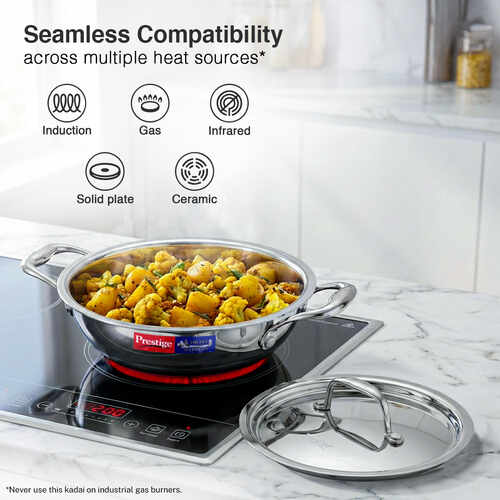 Prestige 22cm/2.1L Tri-Ply Stainless Steel Splendid Kadai with Lid|Gas and Induction Compatible|Even Heat Distribution| Thick Gauge Tri-Ply Body| Perma Cool Handles|15 Year Warranty