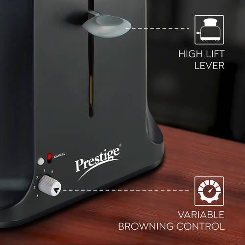 Prestige Slice Pop-up Toaster 750W | Elegant Stainless Steel Finish | Cancel Function & High Lift Lever | Black & Silver