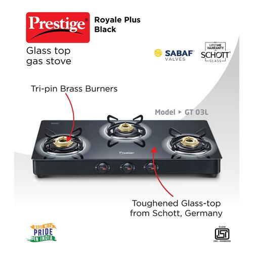 Prestige Royale Plus GT03L Manual Powder Coated 3 Burners Gas Stove, Black